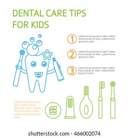 Dental care tips for kids .Children tooth hygiene poster and icon set. Happy tooth with toothpaste and toothbrush. Flat style cartoon vector icons.
Caring for children's teeth from birth .