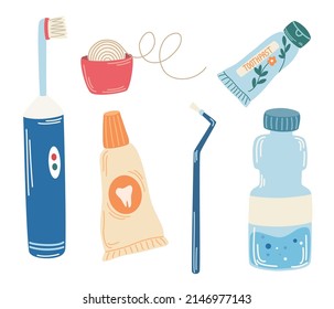 Dental care tools. Toothbrush, toothpaste, dental floss, Electric Toothbrush. Product for cleaning teeth. Dental and oral care abstract concept. Vector Cartoon illustration