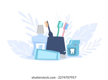 Dental care tools - toothpaste, toothbrush, dental floss and mouthwash, flat vector illustration isolated on white. Concepts of oral care, dentistry and personal hygiene.