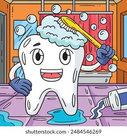 Dental Care Tooth Brushing Colored Cartoon 