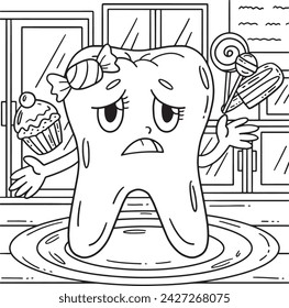 Dental Care Tooth with Candies Coloring Page 