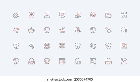 Zahnpflege, Zahnprüfung durch Zahnarztlinie Symbol-Set. Mundhygiene und -reinigung, Extraktion schlechter Zähne in der Zahnarztpraxis, Gingivitis, Implantat dünne schwarze und rote Umrisssymbole, Vektorgrafik