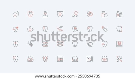 Dental care, tooth check by dentist line icon set. Oral hygiene and cleaning, bad tooth extraction in dentistry clinic, gingivitis, implant thin black and red outline symbols vector illustration