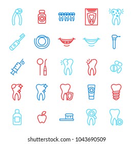 Dental Care Tooth Color Thin Line Icon Set for Web and App Include of Toothpaste, Toothbrush, Implant and Tool. Vector illustration of Healthcare Teeth