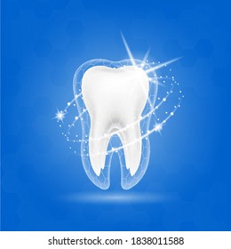 Dental care Tooth Concept and Vitamins that help strengthen teeth. On a blue background. Vector EPS10