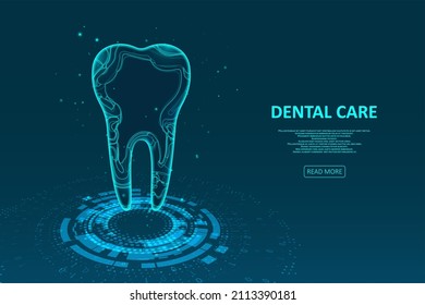 Dental care of the tooth. Digital technologies in dentistry. Abstract futuristic style. Graphic concept for your design