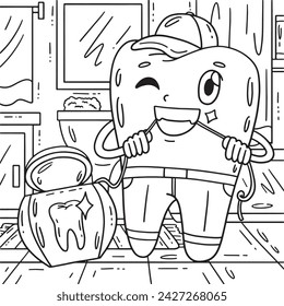 Dental Care Tooth and Floss Coloring Page 