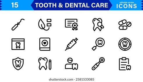 Dental Care and Tooth Icon Collection. Premium Vector Illustrations for Orthodontics, Oral Hygiene, and Dental Health Design Projects