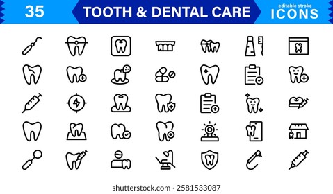 Dental Care and Tooth Icon Collection. Premium Vector Illustrations for Orthodontics, Oral Hygiene, and Dental Health Design Projects