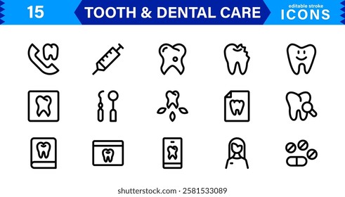 Dental Care and Tooth Icon Collection. Premium Vector Illustrations for Orthodontics, Oral Hygiene, and Dental Health Design Projects