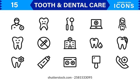 Dental Care and Tooth Icon Collection. Premium Vector Illustrations for Orthodontics, Oral Hygiene, and Dental Health Design Projects