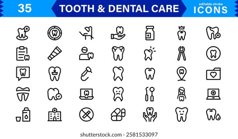 Dental Care and Tooth Icon Collection. Premium Vector Illustrations for Orthodontics, Oral Hygiene, and Dental Health Design Projects