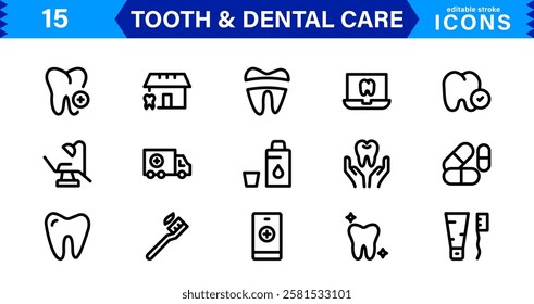 Dental Care and Tooth Icon Collection. Premium Vector Illustrations for Orthodontics, Oral Hygiene, and Dental Health Design Projects