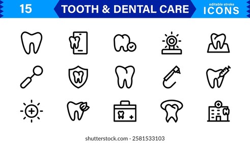 Dental Care and Tooth Icon Collection. Premium Vector Illustrations for Orthodontics, Oral Hygiene, and Dental Health Design Projects