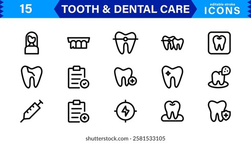 Dental Care and Tooth Icon Collection. Premium Vector Illustrations for Orthodontics, Oral Hygiene, and Dental Health Design Projects