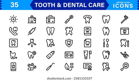 Dental Care and Tooth Icon Collection. Premium Vector Illustrations for Orthodontics, Oral Hygiene, and Dental Health Design Projects