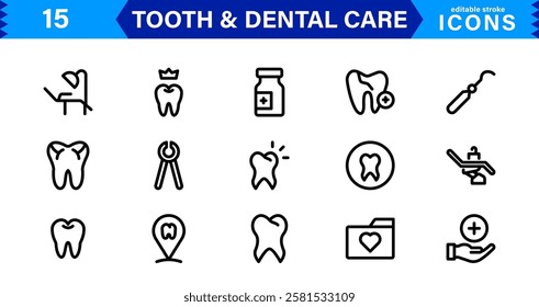 Dental Care and Tooth Icon Collection. Premium Vector Illustrations for Orthodontics, Oral Hygiene, and Dental Health Design Projects