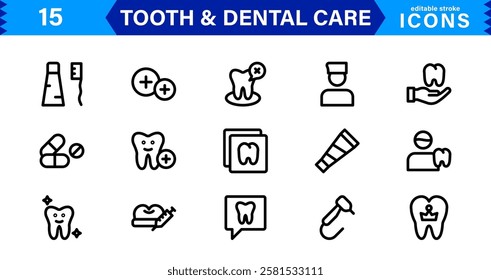 Dental Care and Tooth Icon Collection. Premium Vector Illustrations for Orthodontics, Oral Hygiene, and Dental Health Design Projects