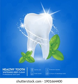 Dental care Tooth and Mint Leaf. Other oral care products, with giant tooth model and dynamic whitening effect, 3d illustration vector Concept.