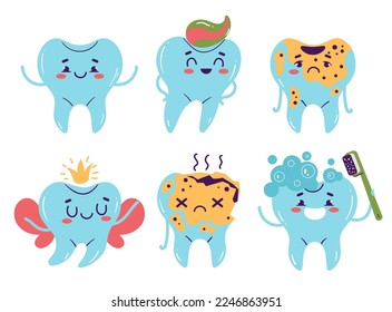 Dental care tooth teeth characters. Mouth cleaning procedure concept. Vector graphic design illustration