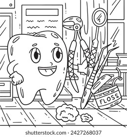 Dental Care Tooth with Tools Coloring Page 