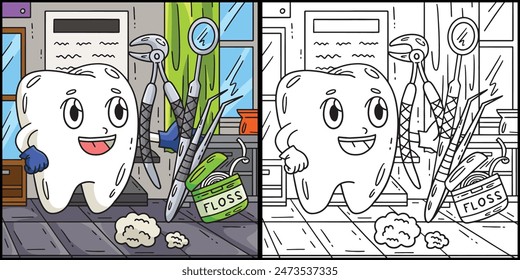 Dental Care Tooth with Tools Coloring Illustration