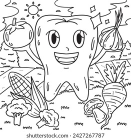 Dental Care Tooth and Vegetables Coloring Page