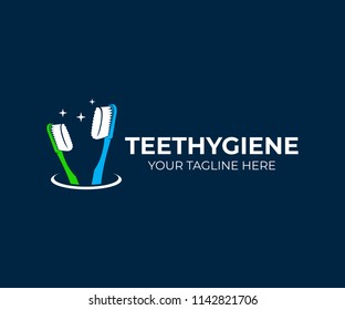 Dental care and toothbrushes in glass, logo design. Oral hygiene, teeth cleaning, health, medical and dentistry, vector design and illustration