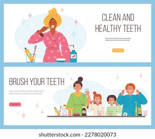 Dental care and toothbrushing web banners set, flat vector illustration. Family with kids brushing teeth together. Clean and healthy teeth. Concepts of dental care and stomatology.