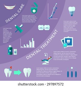 Dental care and treatment with accessories tools and symbols flat color infographic vector illustration