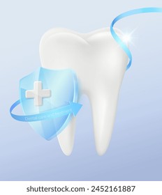 Cuidado dental y tratamiento por médicos especializados Ilustración realista de un diente con un escudo de vidrio. Medios de comunicación a hospitales, dentistas, vitaminas de la salud ósea. Archivos de Vector 3D realistas.