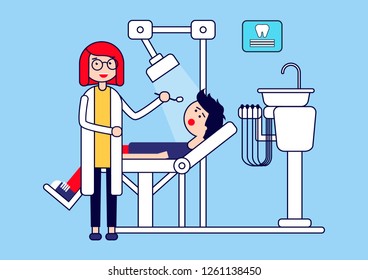 Dental care or treatment. Female dentist examines a patient's tooth. Vector illustration.