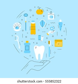 Dental care, treatment, and oral hygiene. The emblem on blue background. Vector concept in thin line style. 