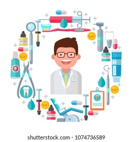 Dental care. Vector conceptual illustration. A set of dental supplies, tools oriented in a circle.  Dentist.