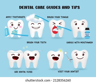 Diseño vectorial de cuidado dental. Guías de cuidado dental y puntas con emojis de mascota dental en los dientes y procedimiento de limpieza de lengua para boca limpia y saludable. Ilustración vectorial.
