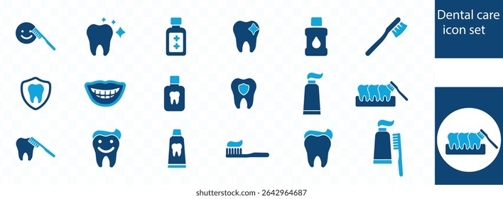 Conjunto de iconos de Vectores de cuidado dental. dientes, dentista, pasta de dientes, cepillo de dientes, dientes, implantes e íconos de odontología. Colección de iconos sólidos. Ilustración vectorial