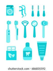 Dental care vector icons. Oral hygiene individual tools. Flat simple illustrations. Clean mouth home equipment such as tooth brushes, dental floss, tongue scrapers, toothpaste. Isolated on white