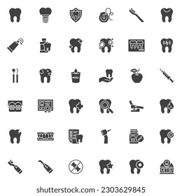 Dental care vector icons set, modern solid symbol collection, filled style pictogram pack. Signs logo illustration. Set include icons as dentist tool, toothbrush, implant tooth, mouthwash teeth braces