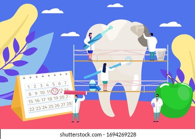 Dental care vector illustration. Cartoon flat tiny doctors people at work, dentist checkup examination for tooth problems. Timely clinic treatment, healthcare, stomatology dentistry concept background