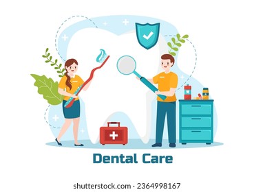 Dental Care Vector Illustration with Dentist Treating Human Teeth and Cleaning Using Medical Equipment in Healthcare Flat Cartoon Background Design