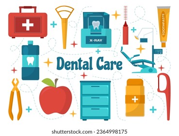 Dental Care Vector Illustration with Dentist Treating Human Teeth and Cleaning Using Medical Equipment in Healthcare Flat Cartoon Background Design
