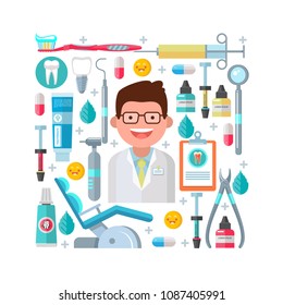 Dental care. Vector illustration in flat style. A great set of dental tools and equipment oriented to the rectangle.  In the center of the composition is a friendly dentist.