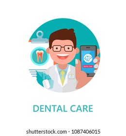 Dental care. Vector illustration in flat style. Friendly dentist doctor holding a smartphone with a dentistry app. A set of dental tools and equipment. There is room for text.