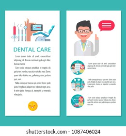 Dental Care. Vector Illustration In Flat Style. Friendly Dentist Doctor. A Set Of Dental Tools And Equipment. There Is Room For Text.