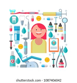Dental care. Vector illustration in flat style. A great set of dental tools and equipment oriented to the rectangle.  In the center of the composition cheerful patient.