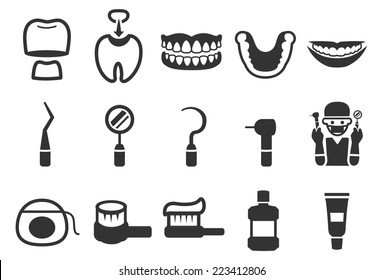 Dental care vector illustration icon set 2. Included the icons as teeth, protection, dentist, toothbrush, mouthwash, fluoride and more.