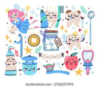 Dental care vector illustration set. Cute tooth fairy, lost teeth, toothpaste, dental floss, toothbrush. Oral health, hygiene. Hand drawn colorful cartoon clip art. For kids clinics, pediatrics, print