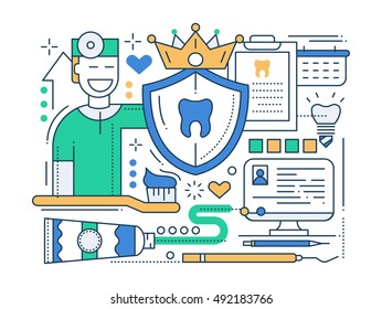 Dental care - vector line flat design illustration with dentist and teeth care tools