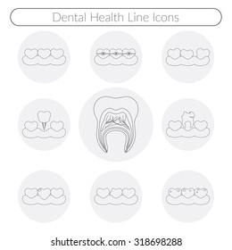Dental care vector line icons of heathy theeth, caries, braces system, implantation, and other dental health icons set.