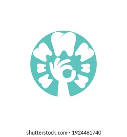 Dental care vector logo template. Teeth and hand tree icon design.